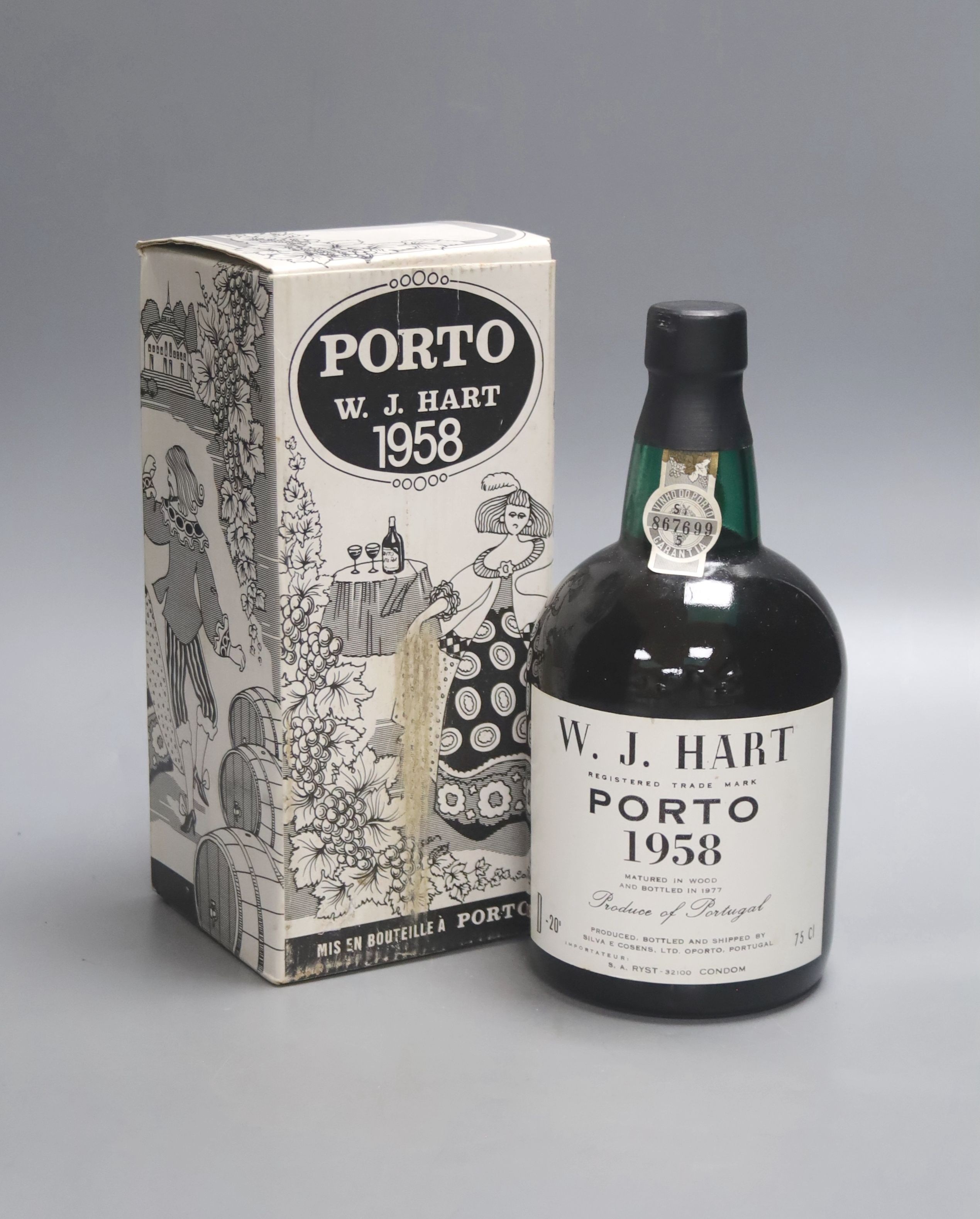 A bottle of 1958 WJ Hart Port, boxed